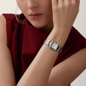 Tank Style Silver Watch with Blue Stone Dial